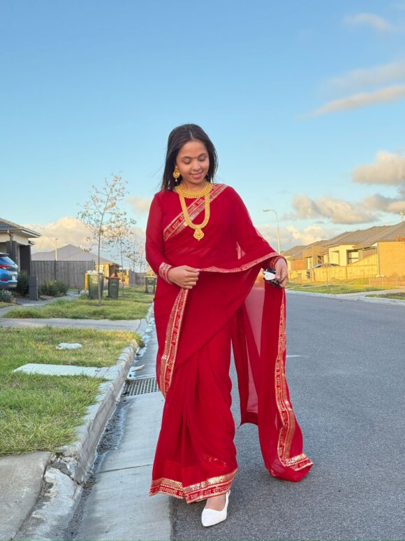 Traditional Red Saree with Golden Border
